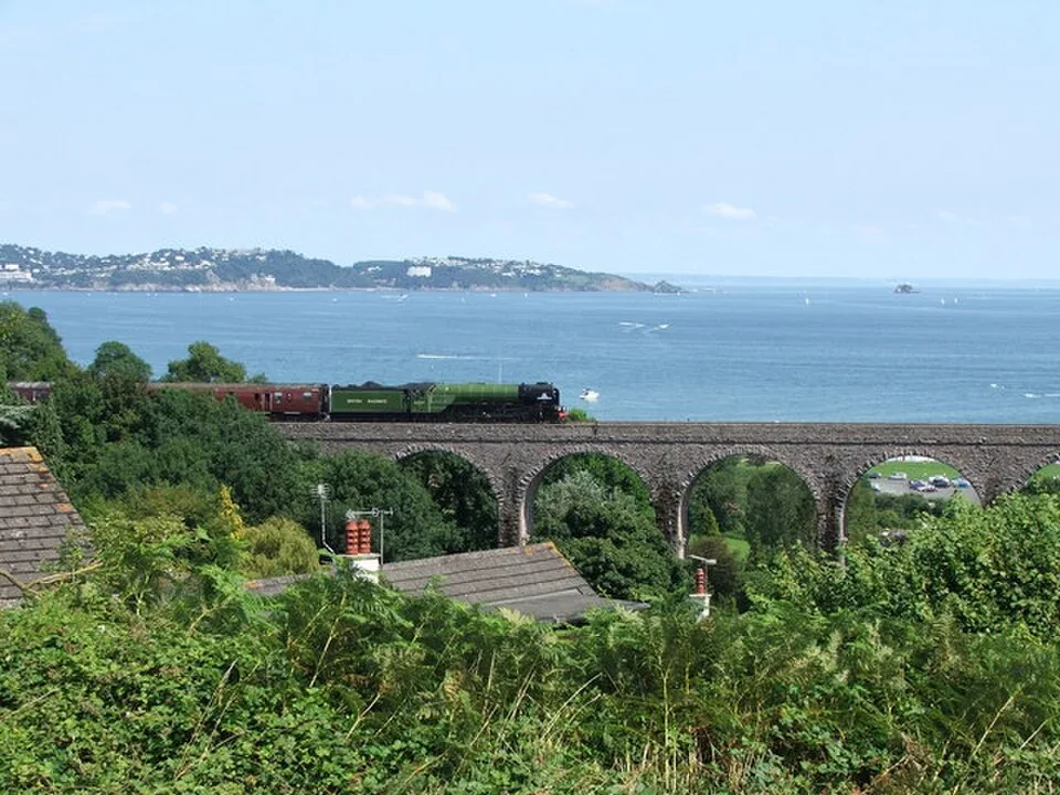 Paignton Queen's Park → Kingswear: 60163 Tornado steam locomotive Torbay Express Broadsands Viaduct 9 August 2009
